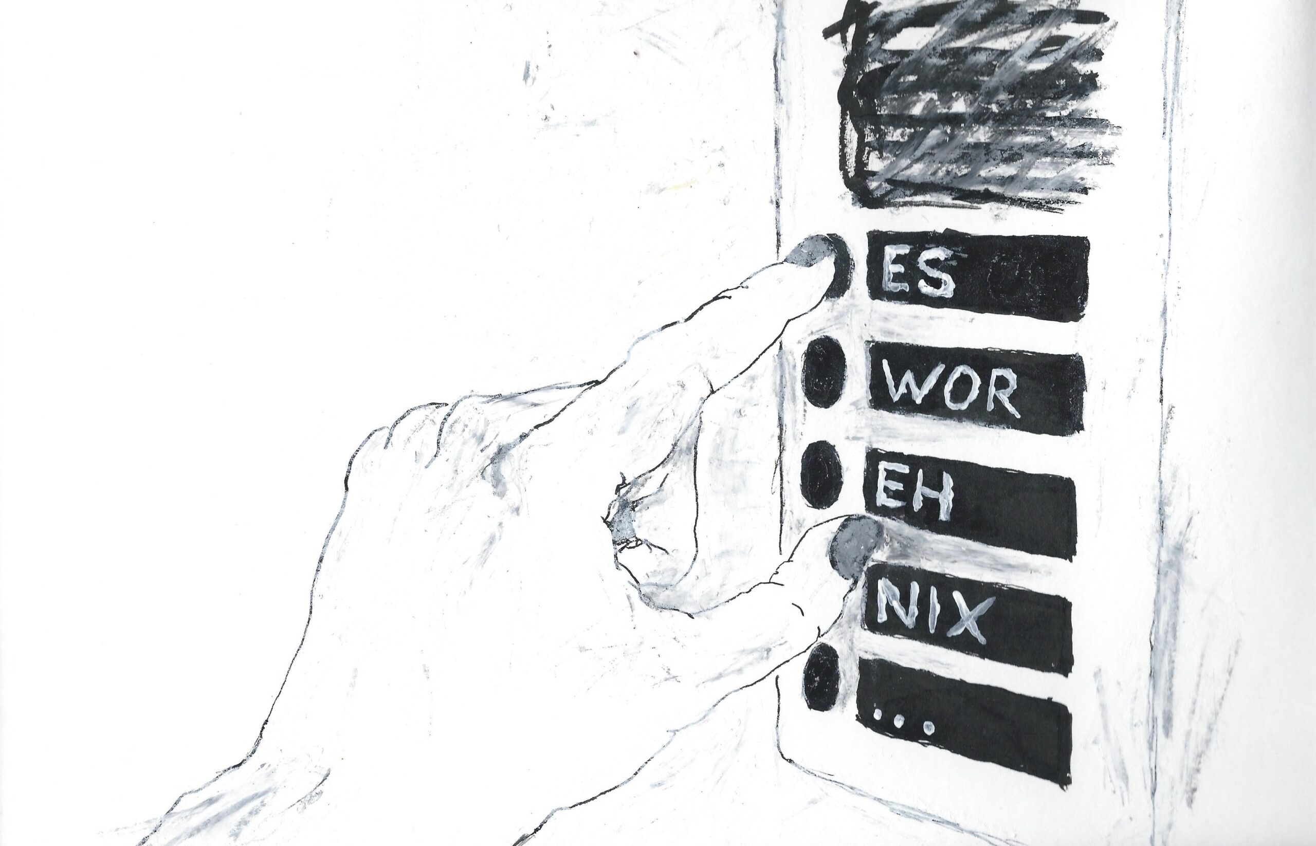 Illustration Hand mit Klingel mit Aufschrift "Es war eh nix"